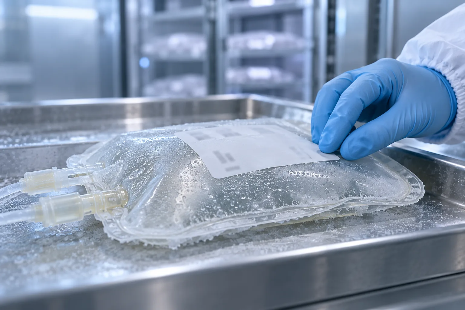Close-up of a gloved hand checking the edge of a white label on a condensation-covered transparent blood bag film after cold storage.