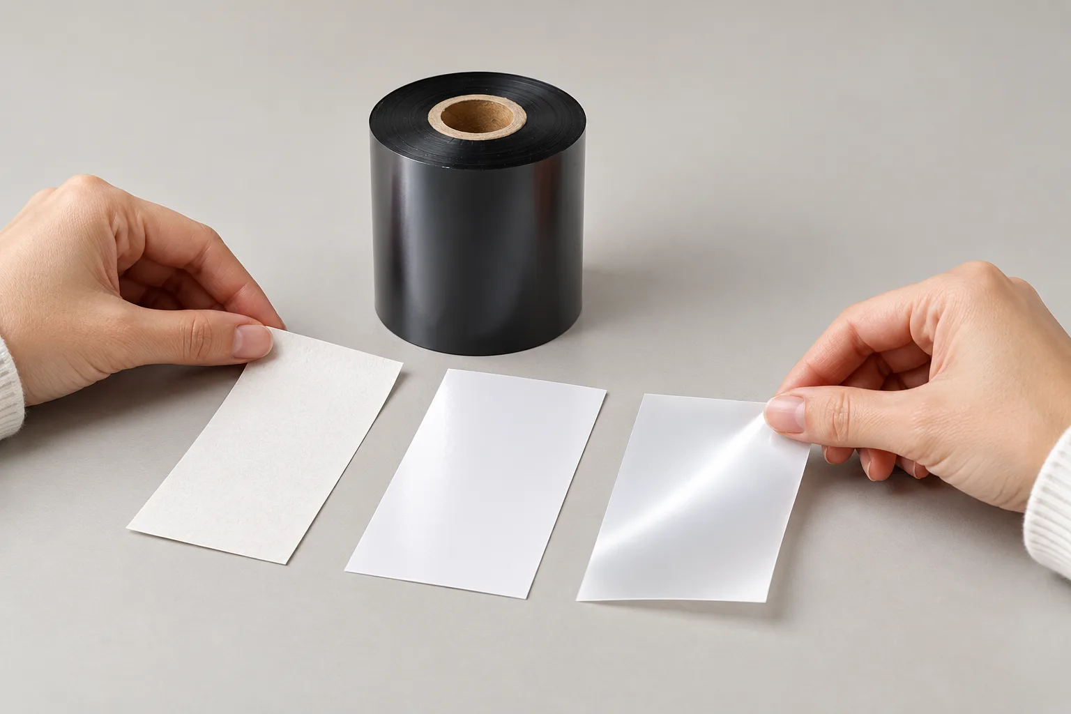 Hands comparing paper and synthetic label samples beside a black ribbon roll.