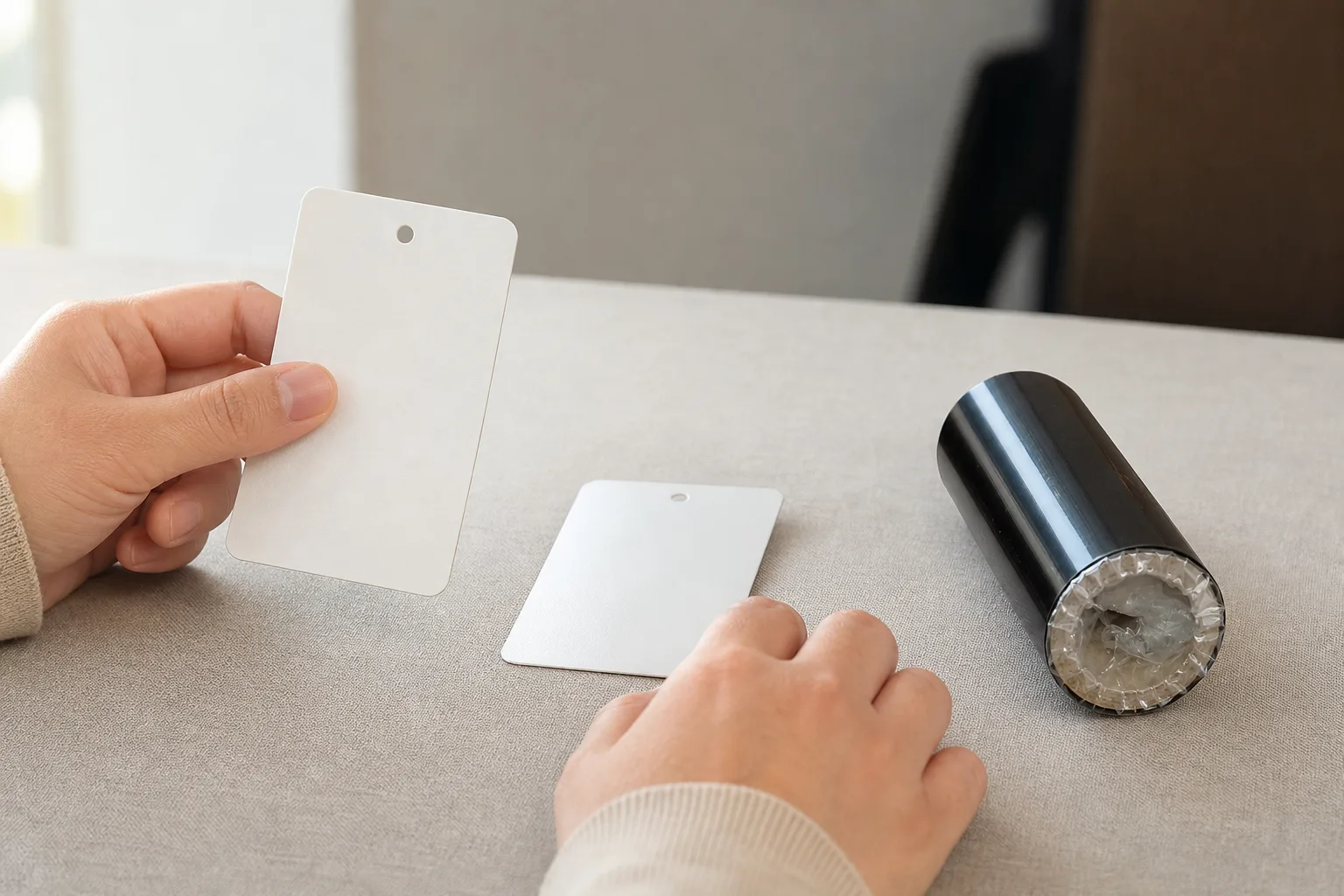 Hands comparing two blank hangtag surfaces beside a candidate black thermal transfer ribbon roll.