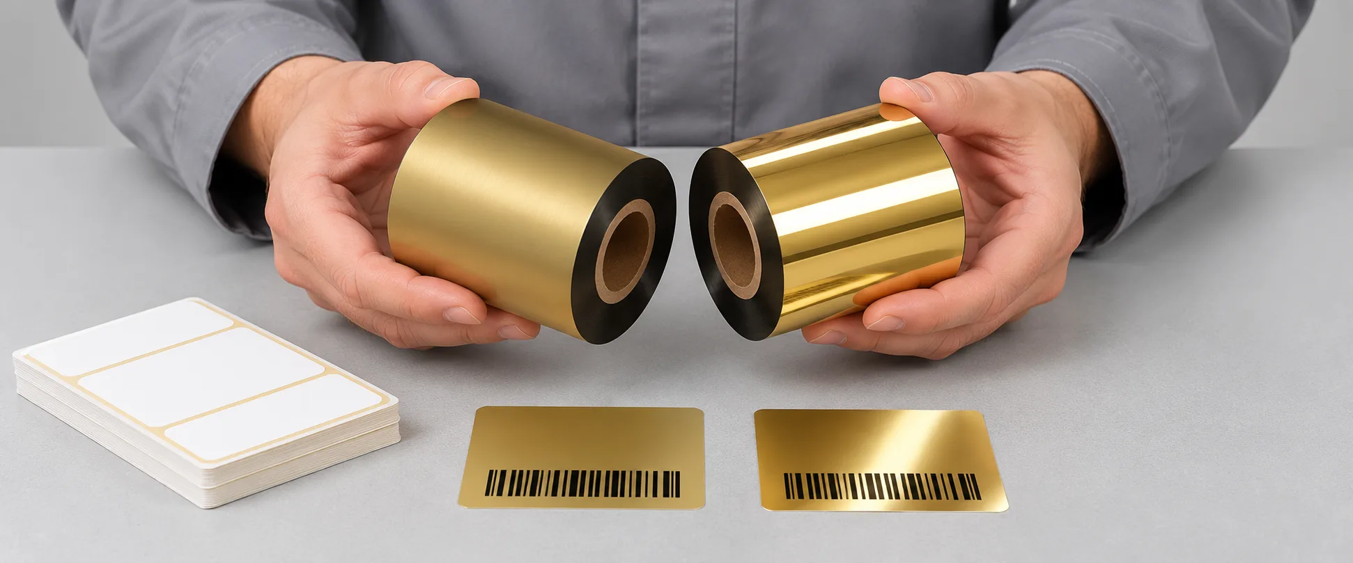 Hands comparing two gold thermal transfer ribbon rolls with matte and satin finishes above a workbench