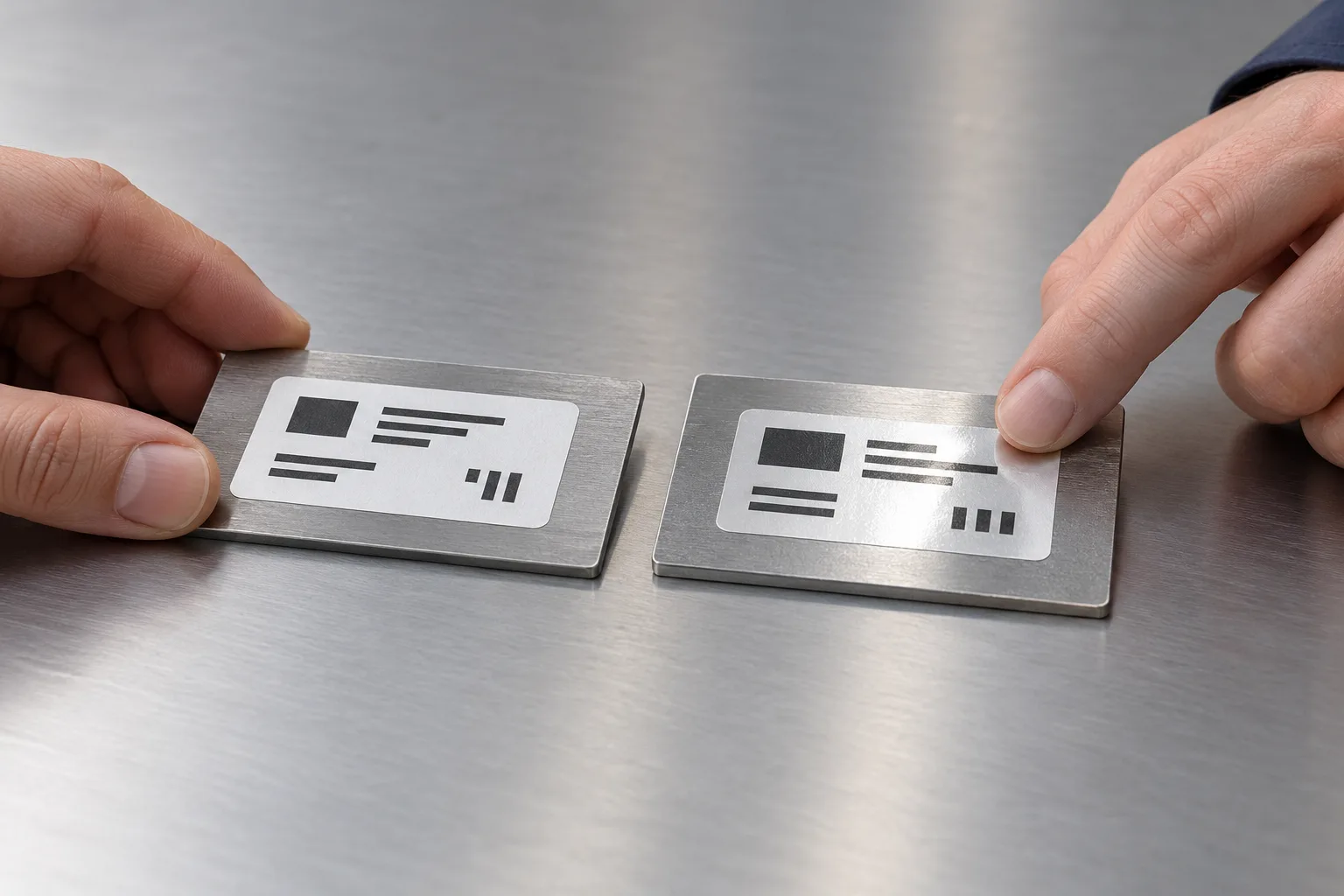 Hands inspect label edges and printed surfaces on two metal sample panels.