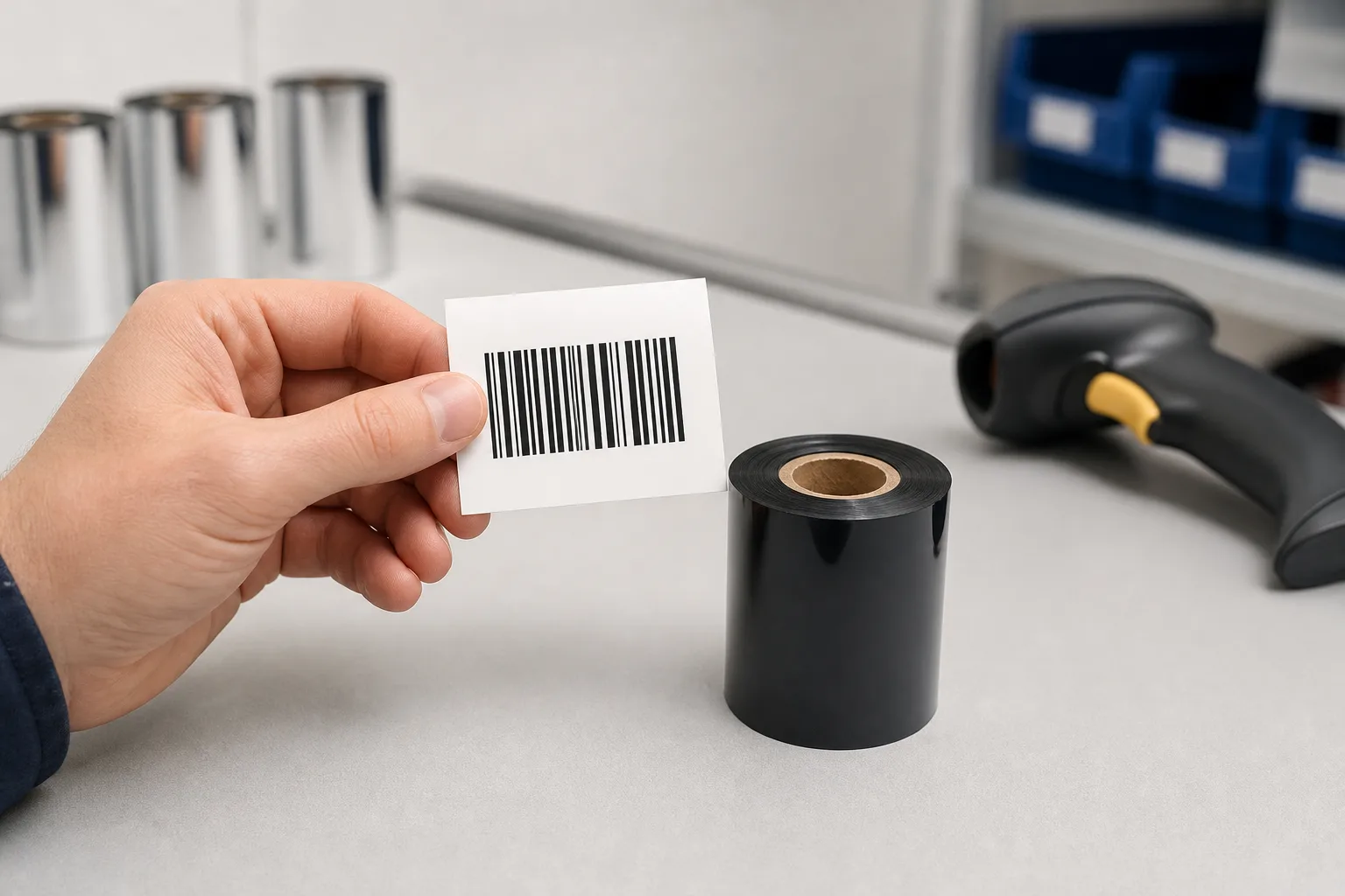 Close-up of a hand inspecting a freshly printed bar-pattern label sample next to a black thermal transfer ribbon roll
