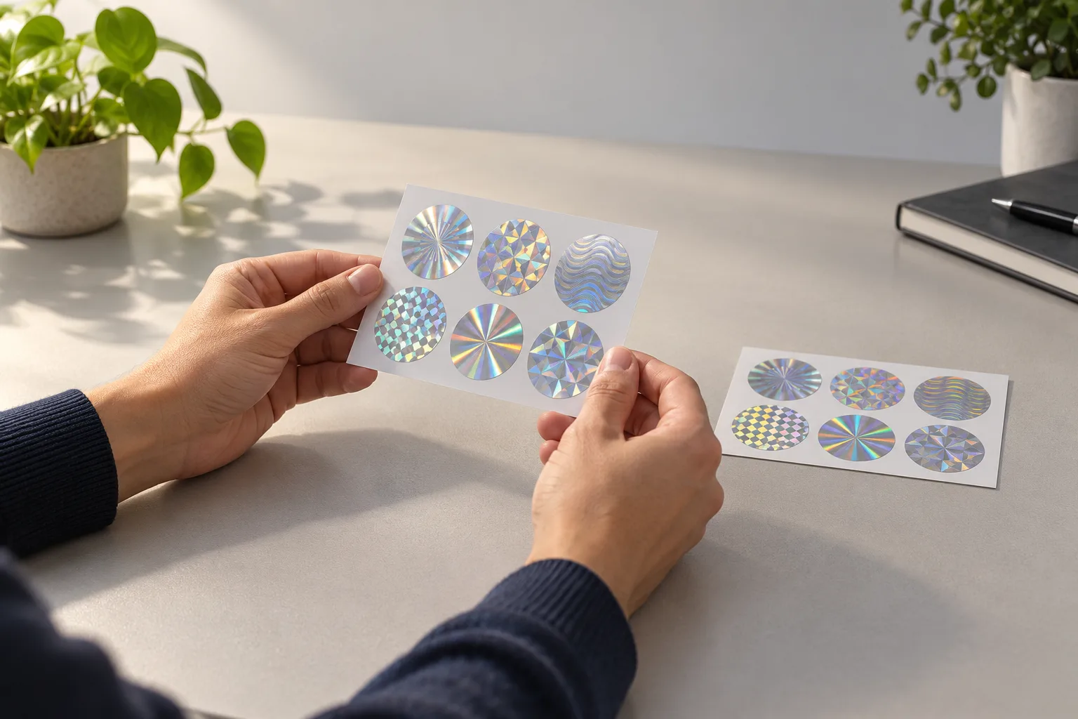 Hands tilting holographic label samples under directional light beside a flat comparison card.