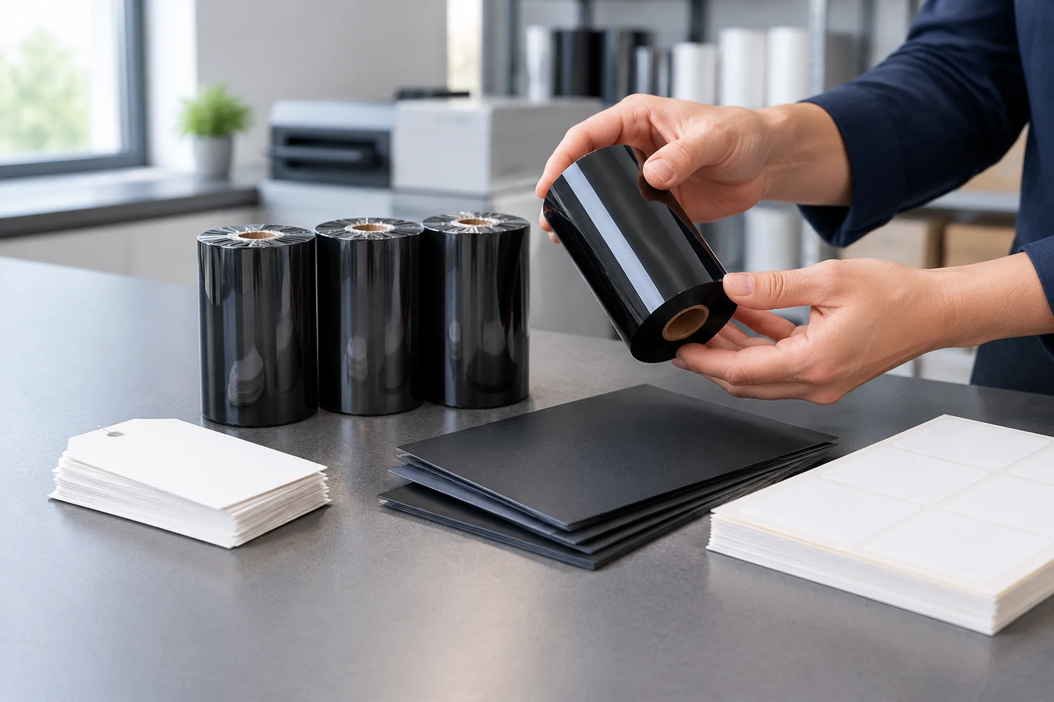 Hands comparing a black thermal transfer ribbon roll with paper and film label samples on a bench