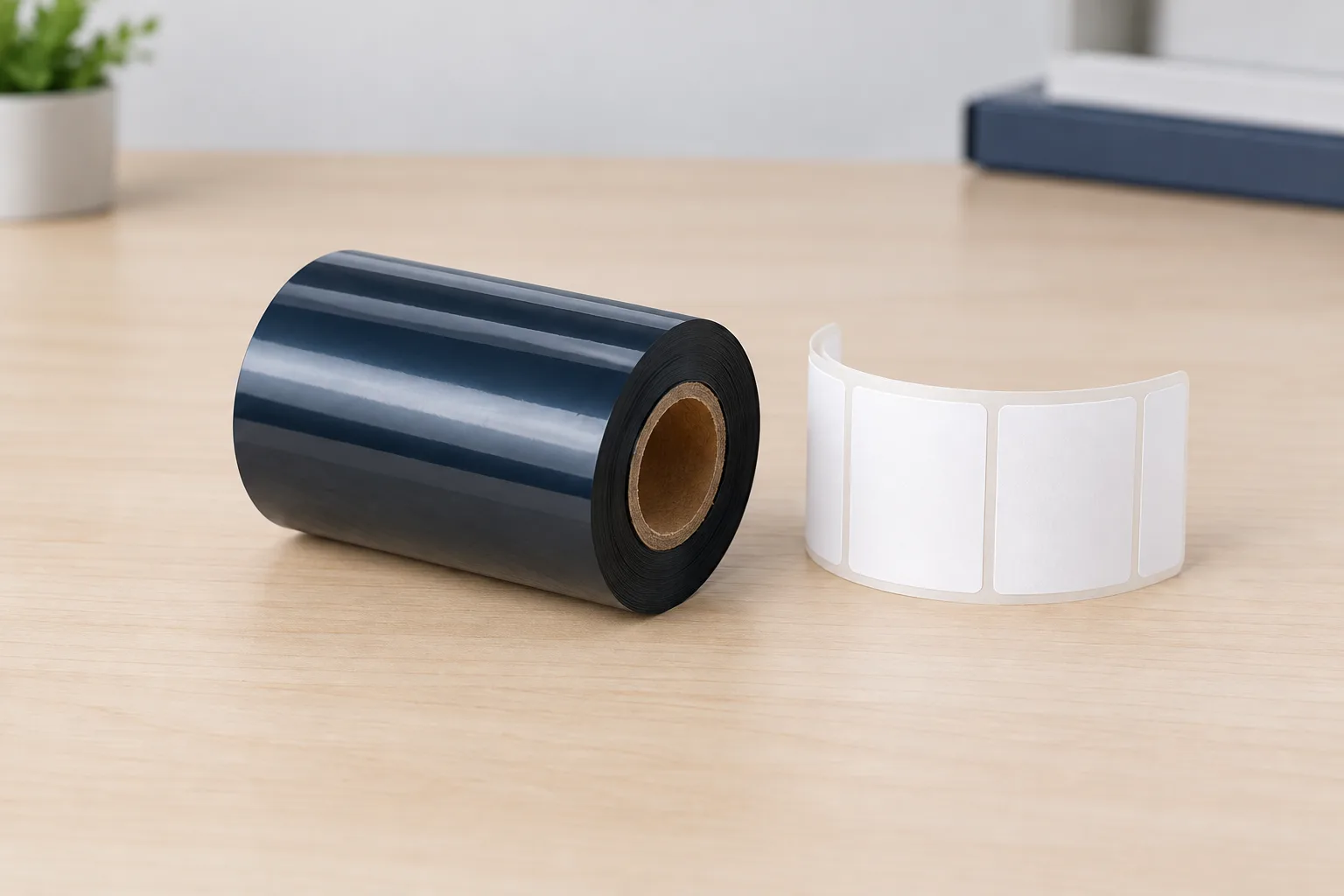 Close-up of a black ribbon roll beside blank white die-cut labels on release liner.