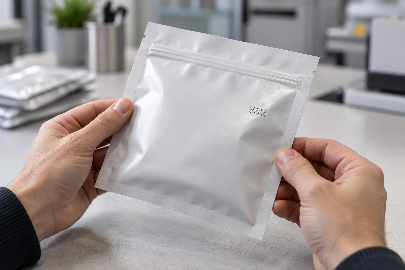 Close-up of hands tilting a flexible film pouch to inspect small printed code marks on its surface