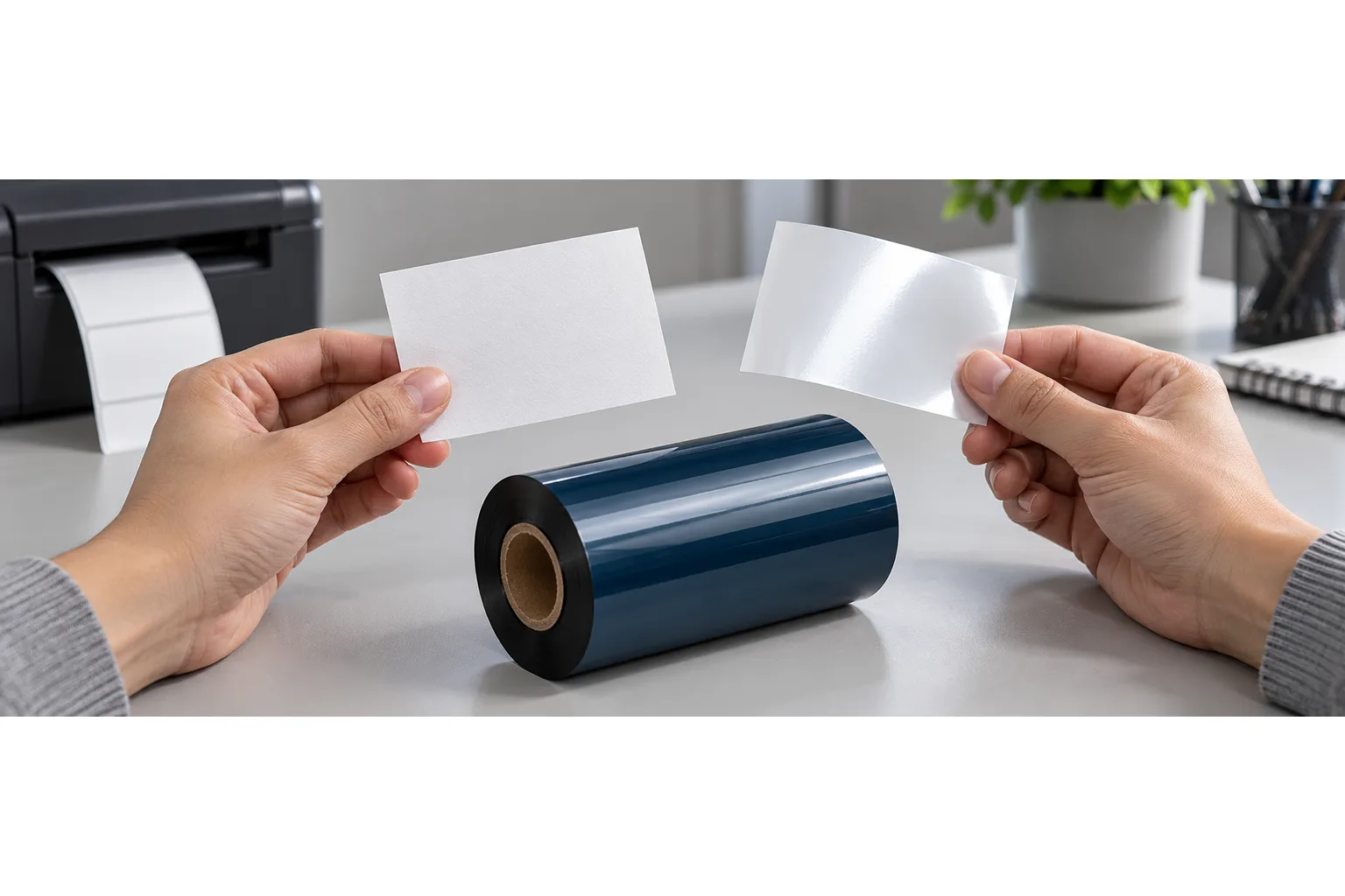 Close-up of hands comparing a matte paper label sample and a smooth synthetic film label beside a black thermal transfer ribbon roll