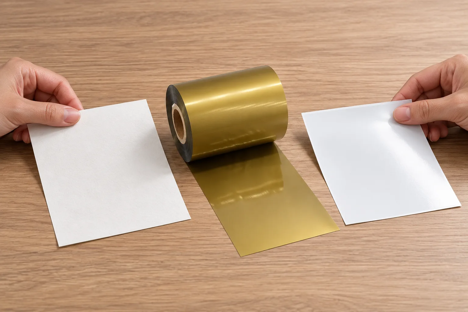 Hands arrange matte paper and smooth synthetic label samples beside a gold thermal transfer ribbon roll.