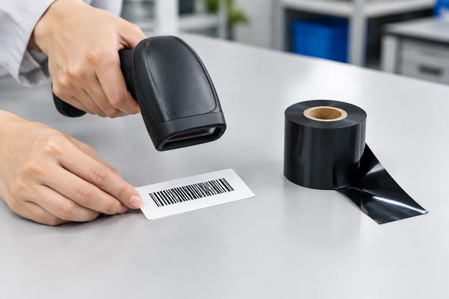A close-up of a hand checking a freshly printed barcode label sample with a handheld scanner beside a black thermal transfer ribbon roll