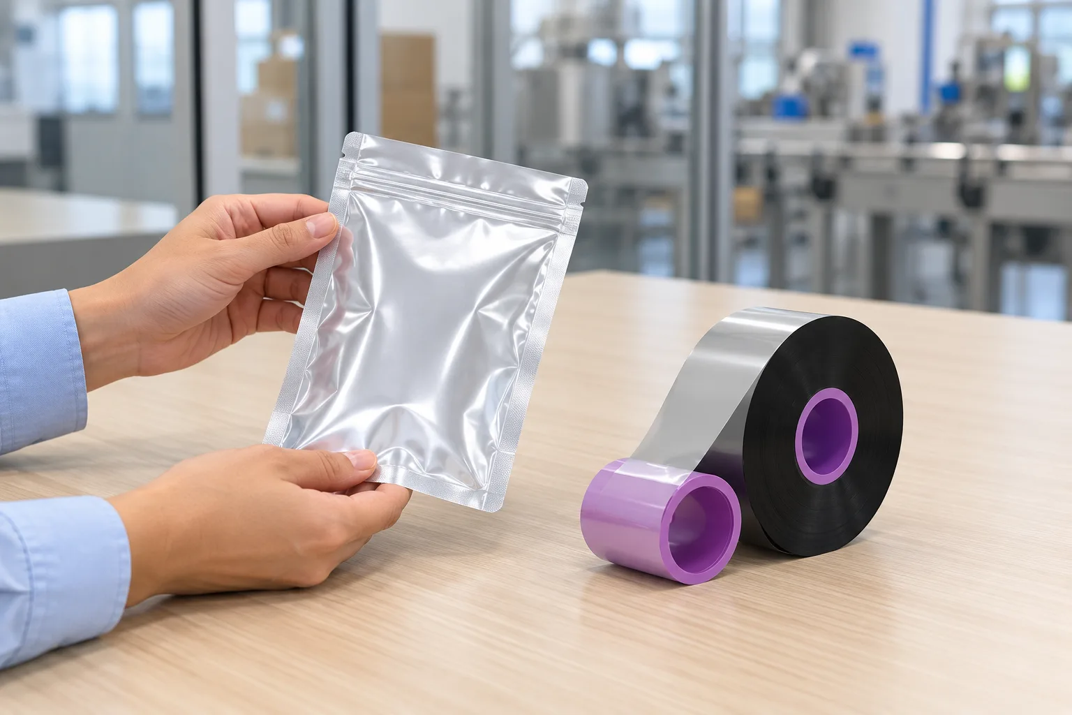 Hands place an unprinted flexible pouch beside a black TTO ribbon roll on a desk.