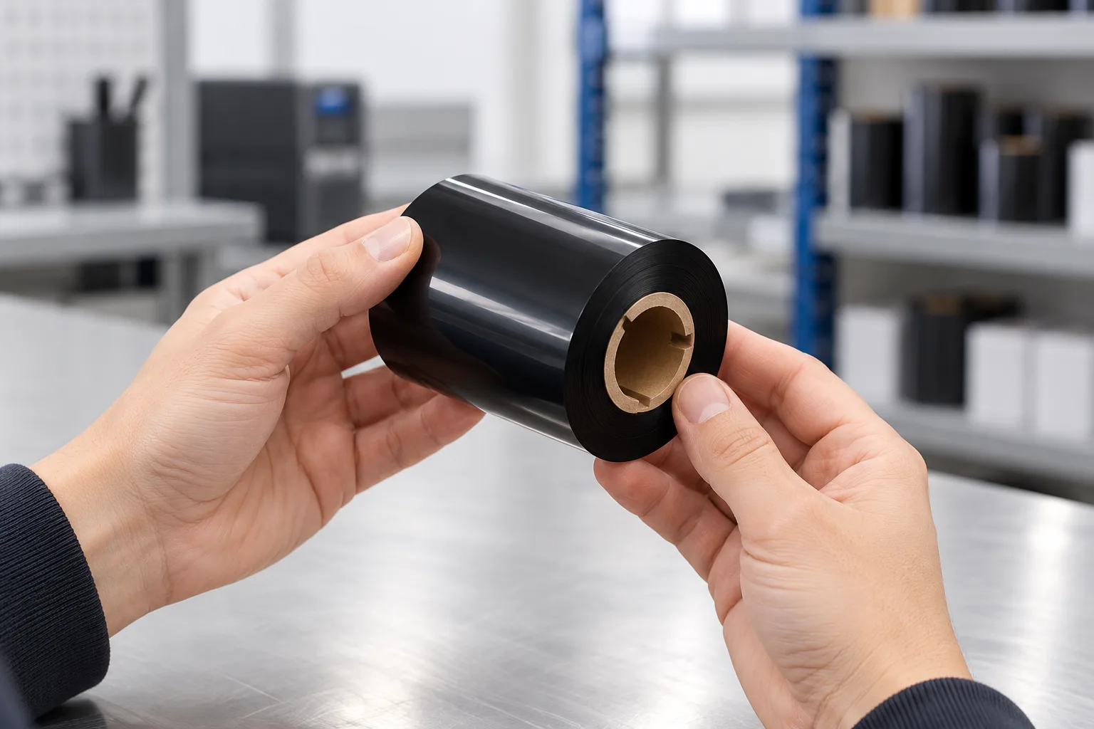 Hands hold a loose black thermal transfer ribbon roll on its core above a workbench, viewing the wound roll and the open core end.