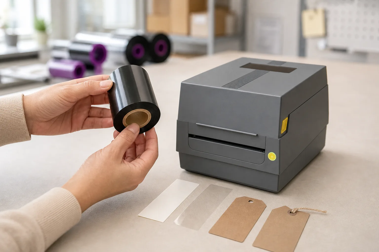 Hands inspecting a black TTO ribbon roll beside a desktop thermal transfer printer on a workbench