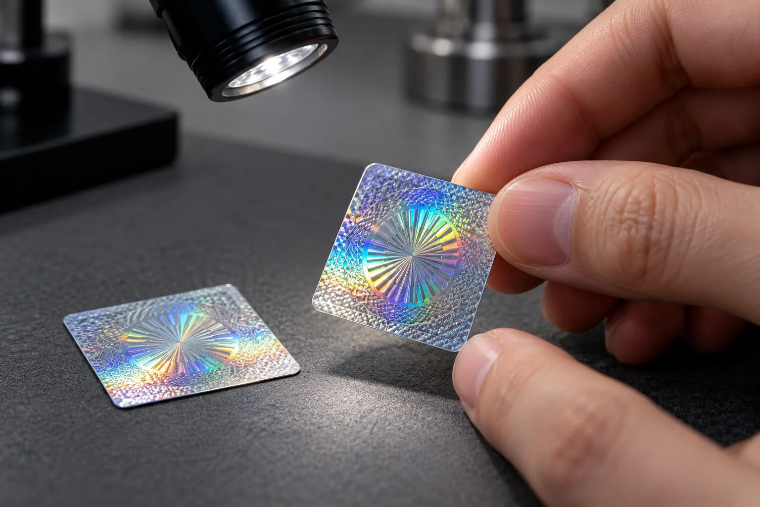 Macro view of hands tilting a hologram security label sample under angled light next to a reference sample