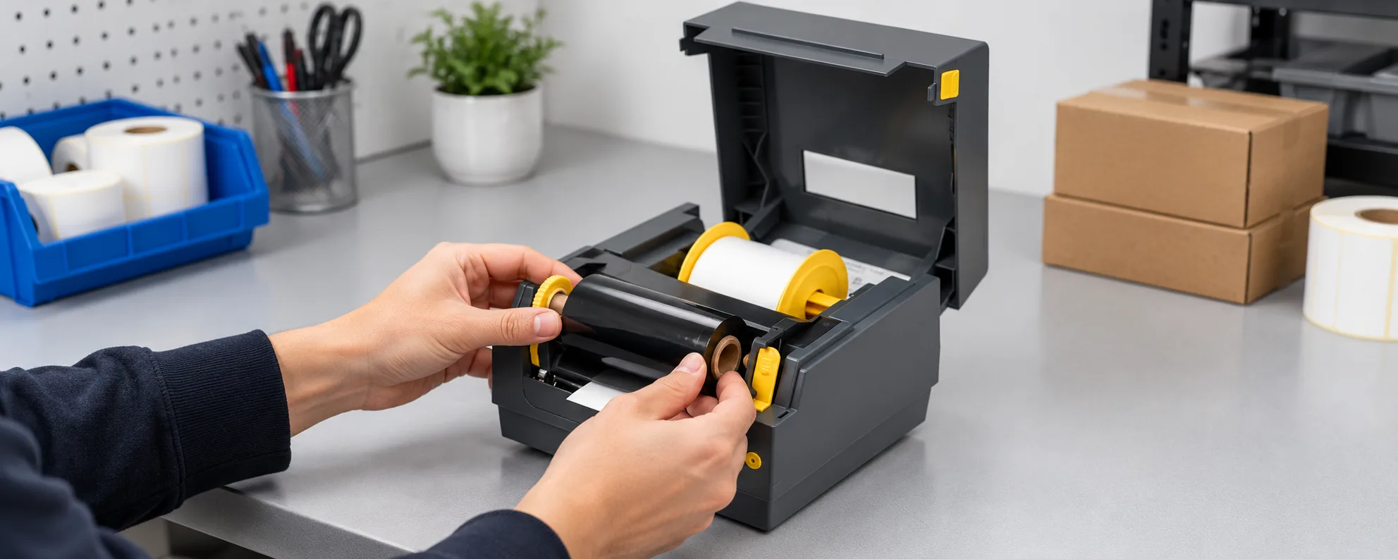 Hands loading a black thermal transfer ribbon roll into an open JT452 desktop label printer beside the paper roll holder