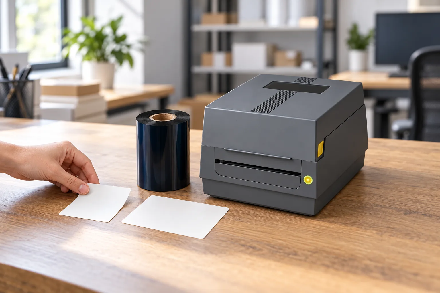 A closed desktop printer beside a black ribbon roll and two blank label-stock samples on a selection desk.