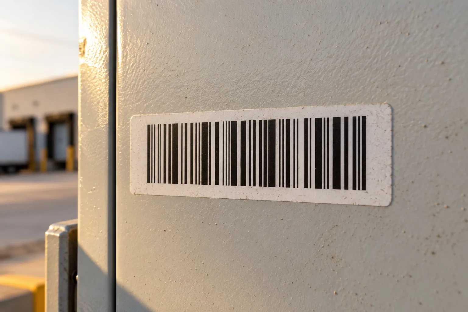 Close-up of a printed barcode label on the painted metal surface of outdoor equipment in warm sunlight.