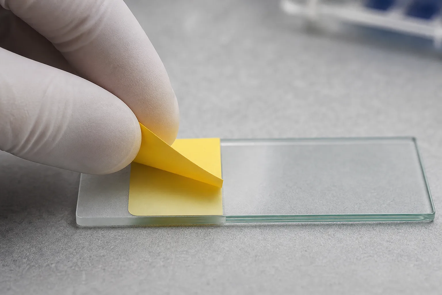 Close-up of a gloved hand peeling a small yellow label from a microscope slide to reveal the original label beneath.