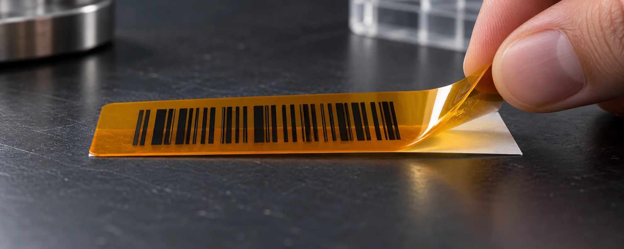 Close-up of fingers lifting a printed amber polyimide label from its release liner, revealing the thin film, printed surface and adhesive layer.