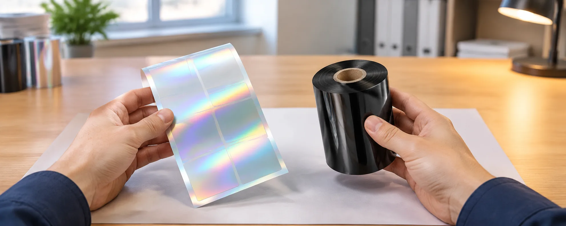 Hands comparing holographic label stock samples with a black thermal transfer ribbon roll on a review desk