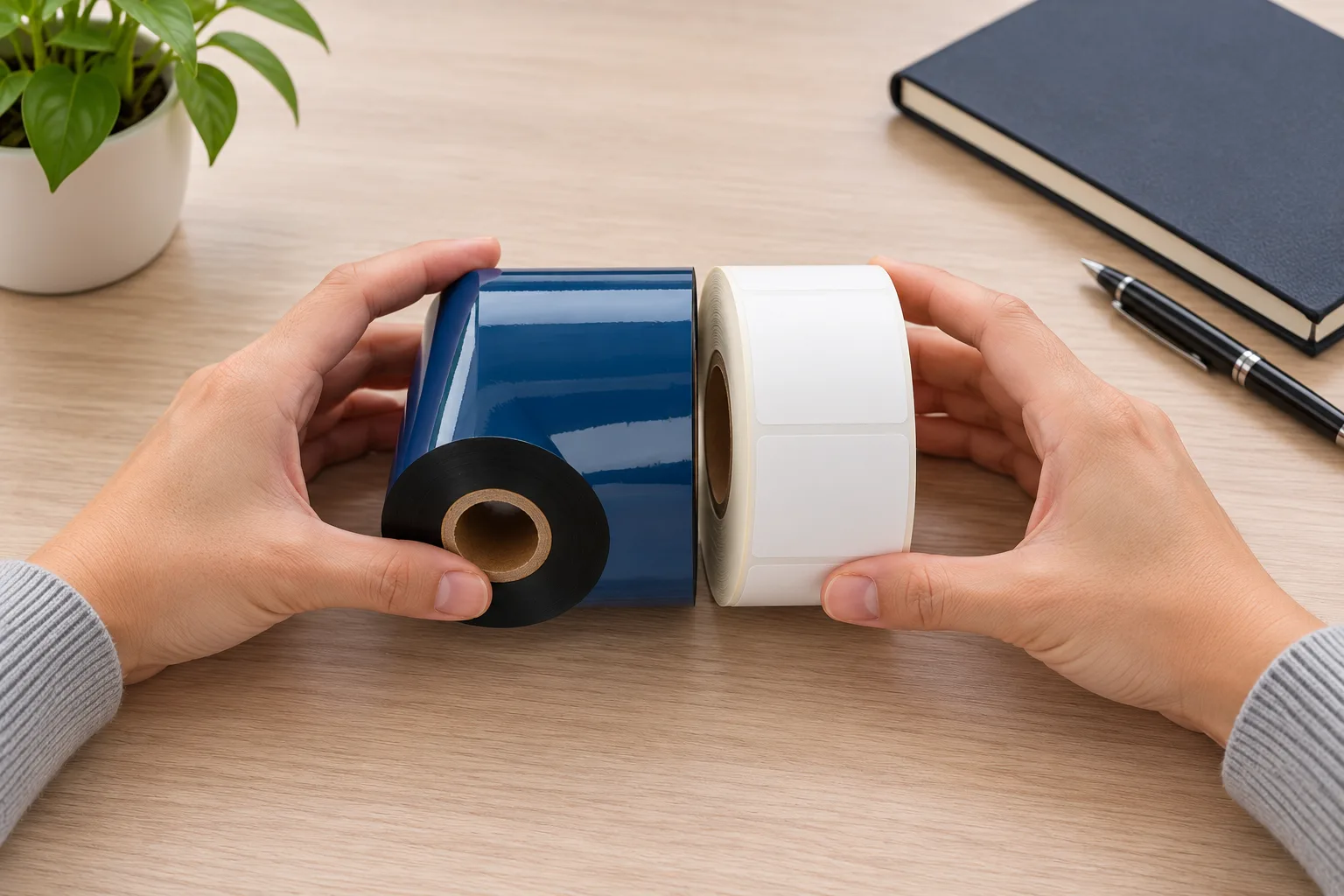 Hands comparing the width of a black thermal transfer ribbon roll against a roll of label stock on a workbench.