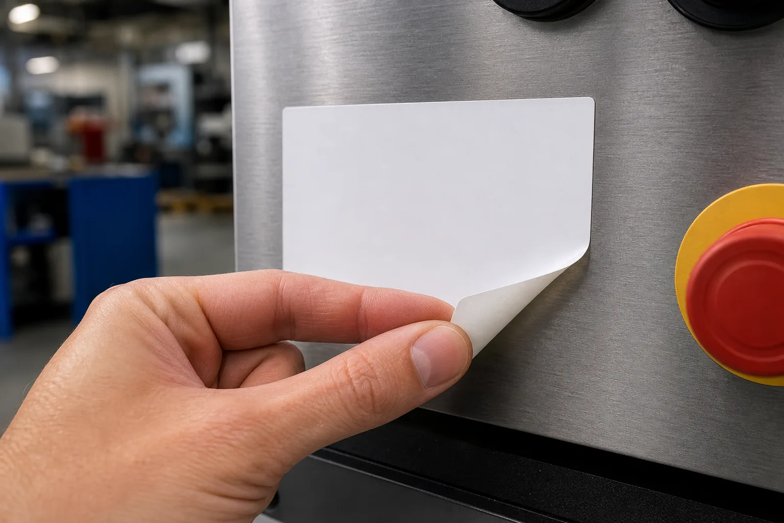 Close-up of a fingertip lifting the corner of a printed label on a brushed metal machine panel to check adhesion.