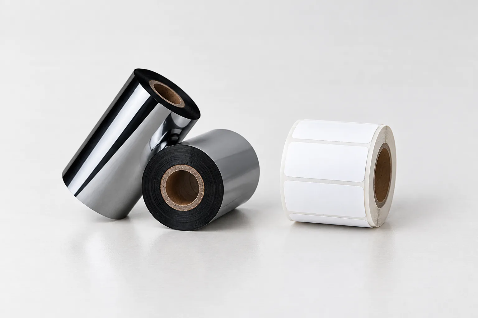 Close-up of a black ribbon roll and a separate strip of blank die-cut labels.