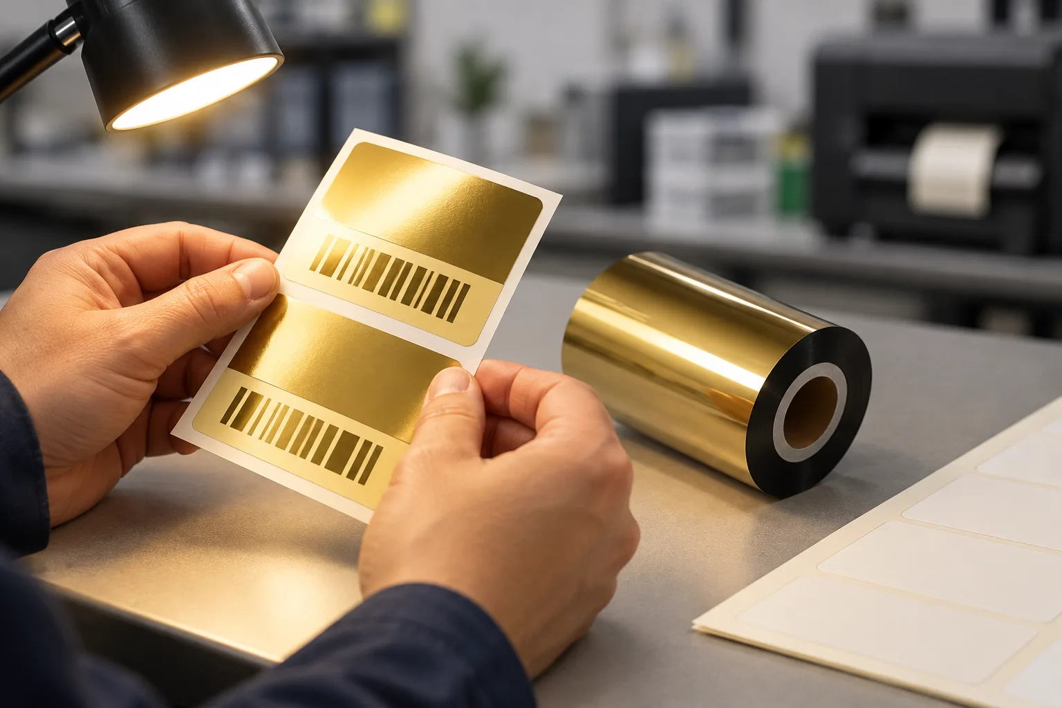 Close-up of hands checking a printed gold label sample beside a gold thermal transfer ribbon roll under a task lamp