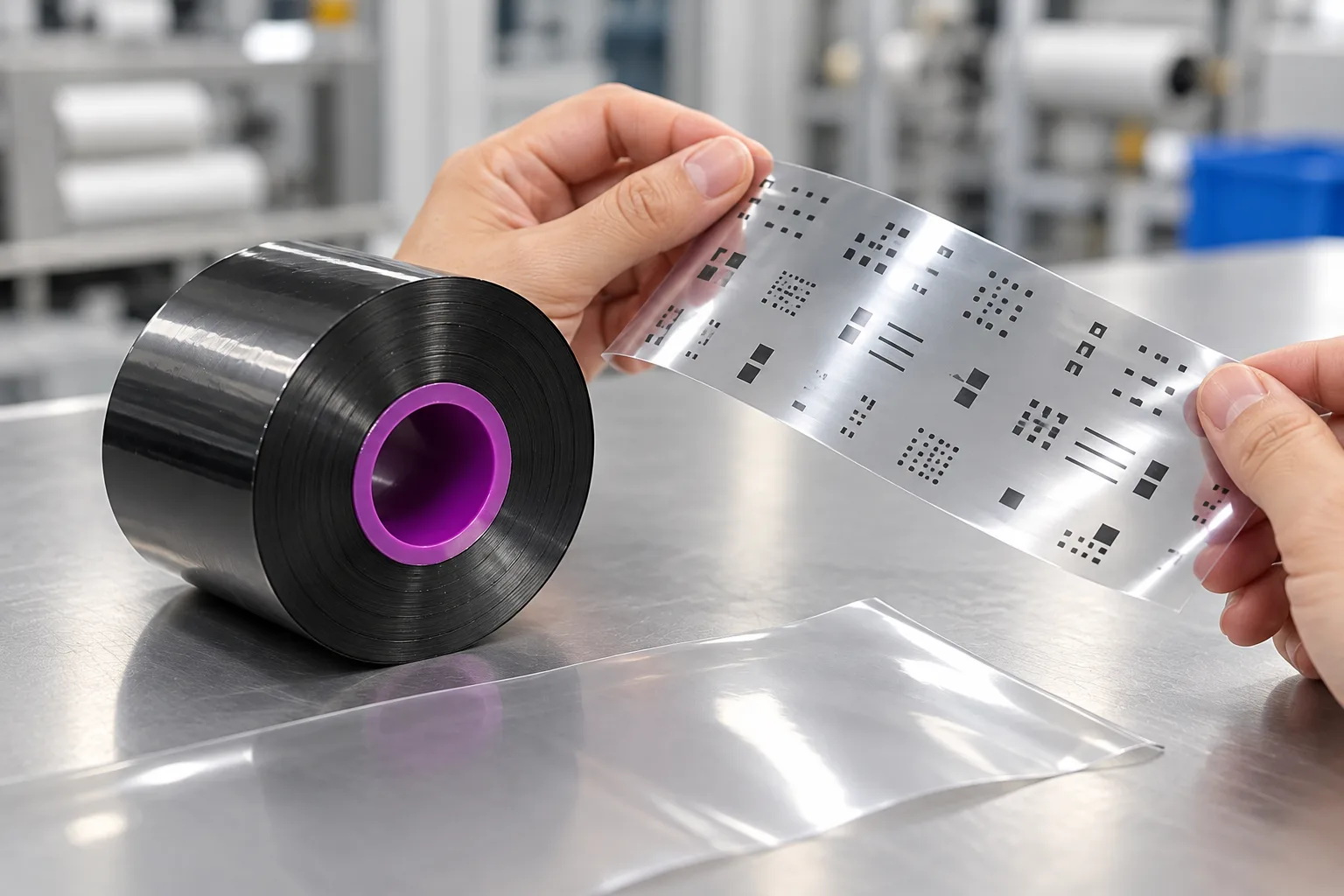 Close-up of fingers checking a printed film sample next to a black TTO ribbon roll on a bench