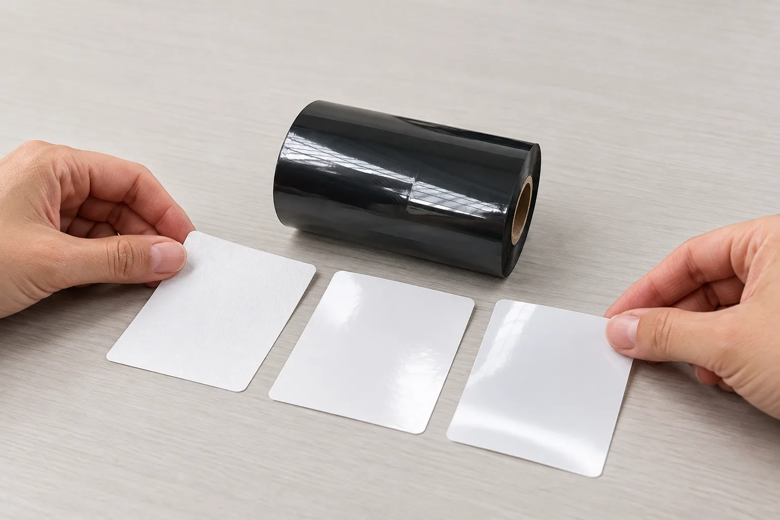 Hands arranging paper and synthetic label swatches beside a black thermal transfer ribbon roll.