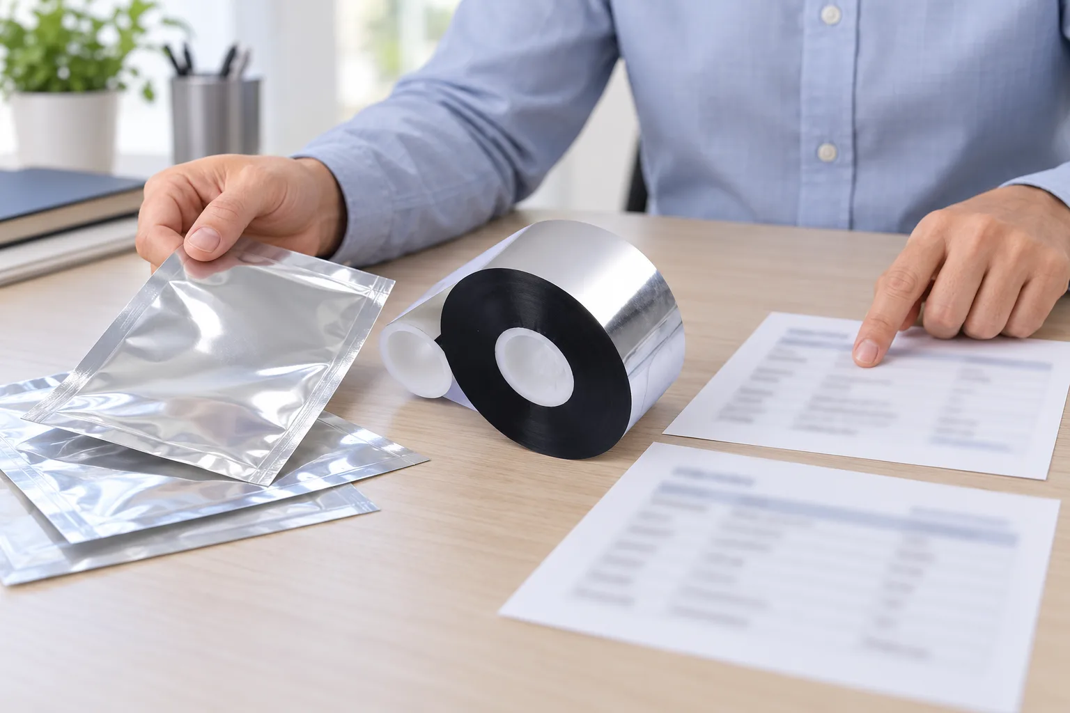 Hands compare a black TTO ribbon roll, packaging film samples and supplier specification sheets.