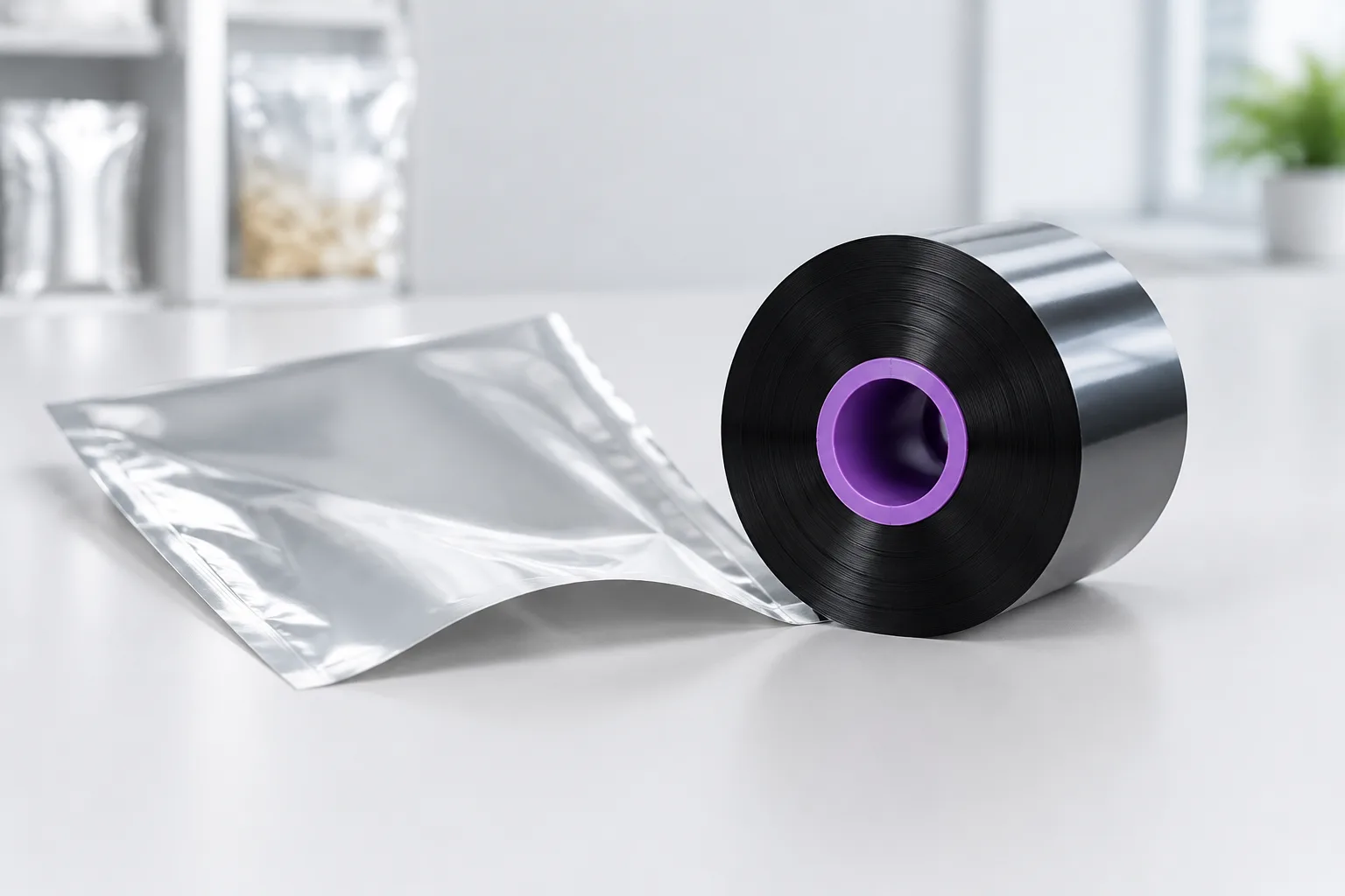 Close-up of a black TTO ribbon roll beside a flexible food-packaging film sample.