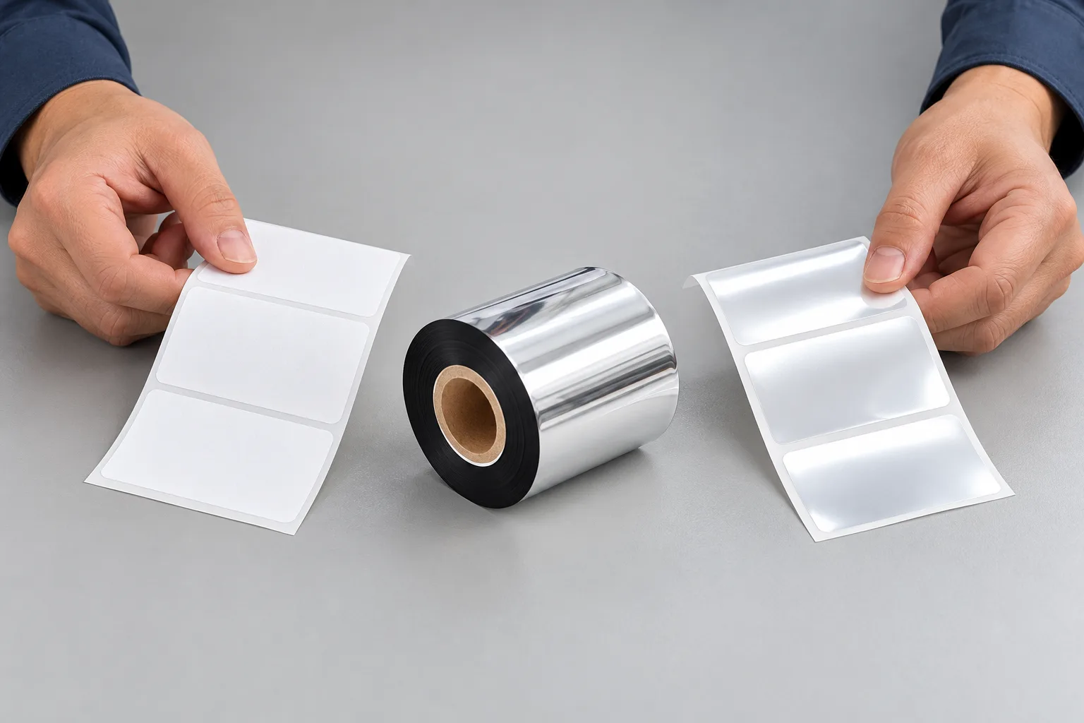 Hands arrange paper and synthetic label samples beside a black thermal transfer ribbon roll on a workbench.