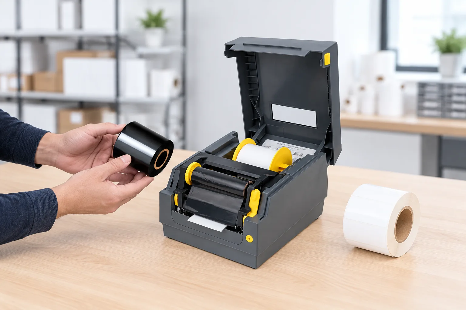 Hands hold a black thermal transfer ribbon roll on its core beside the open ribbon compartment of a JT series desktop label printer.