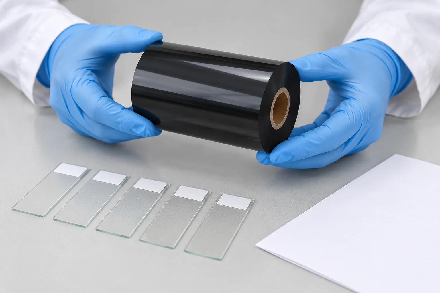 Gloved hands compare a black thermal transfer ribbon roll with small labels on microscope slides beside a blank data sheet.