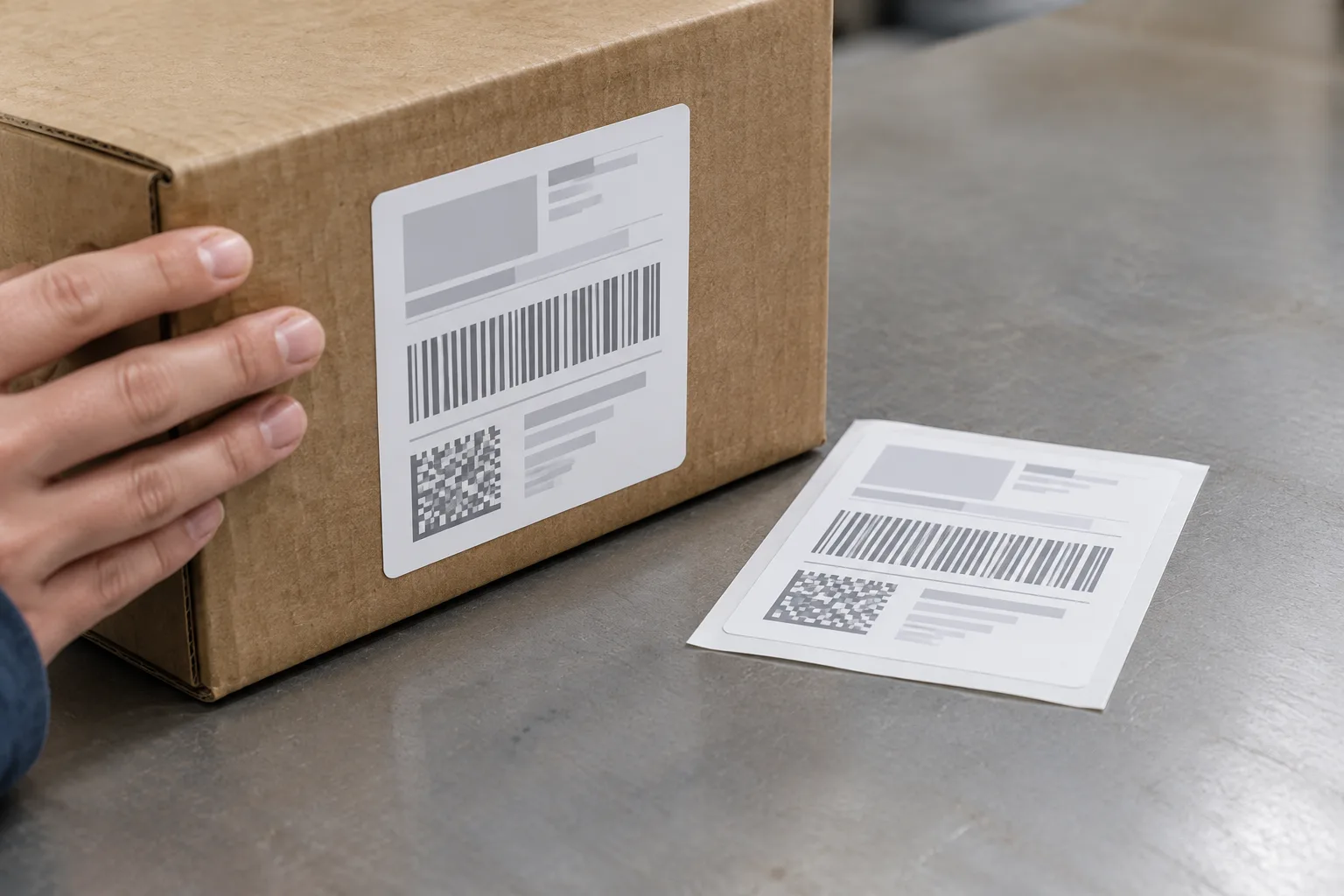 Close-up of a trial label on corrugated packaging beside a retained comparison label.