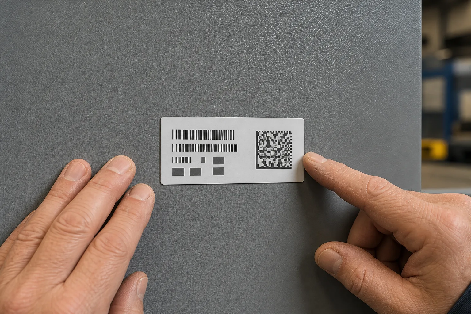 Hands inspect the surface and edge of an identification label attached to a painted metal panel.