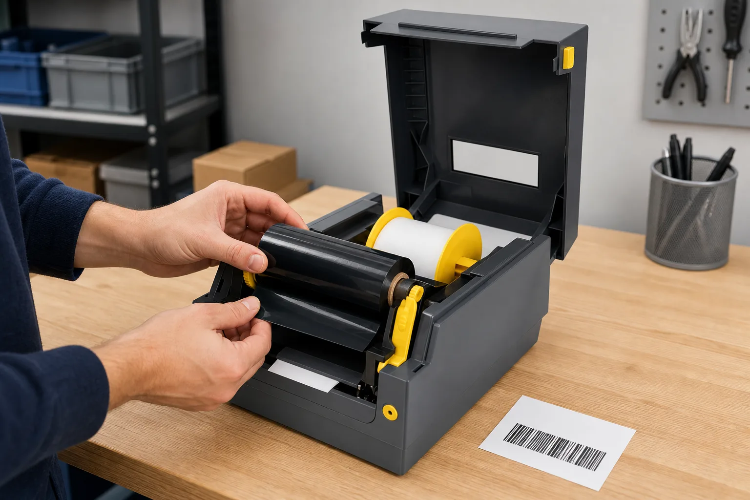 Technician loading a black thermal transfer ribbon roll into an open desktop printer beside a roll of label stock