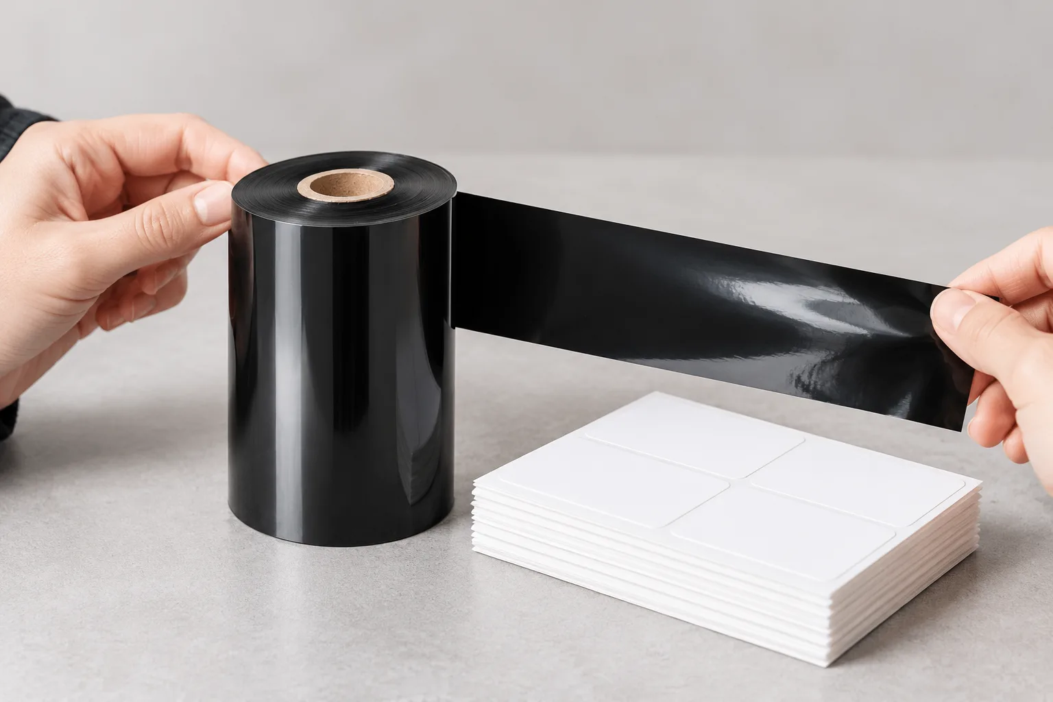 Close-up of a black thermal transfer ribbon roll beside label stock samples on a workbench.