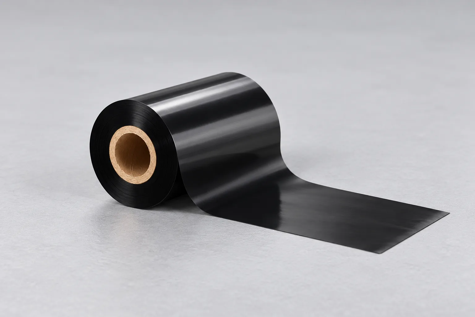 Macro close-up of a black thermal transfer ribbon roll on its core with a short strip of coated film extending across a workbench