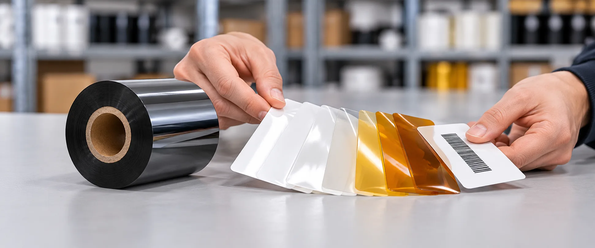 Hands matching a loose black thermal transfer ribbon roll with polyester and polyimide label film samples and a printed sample label on a workbench.