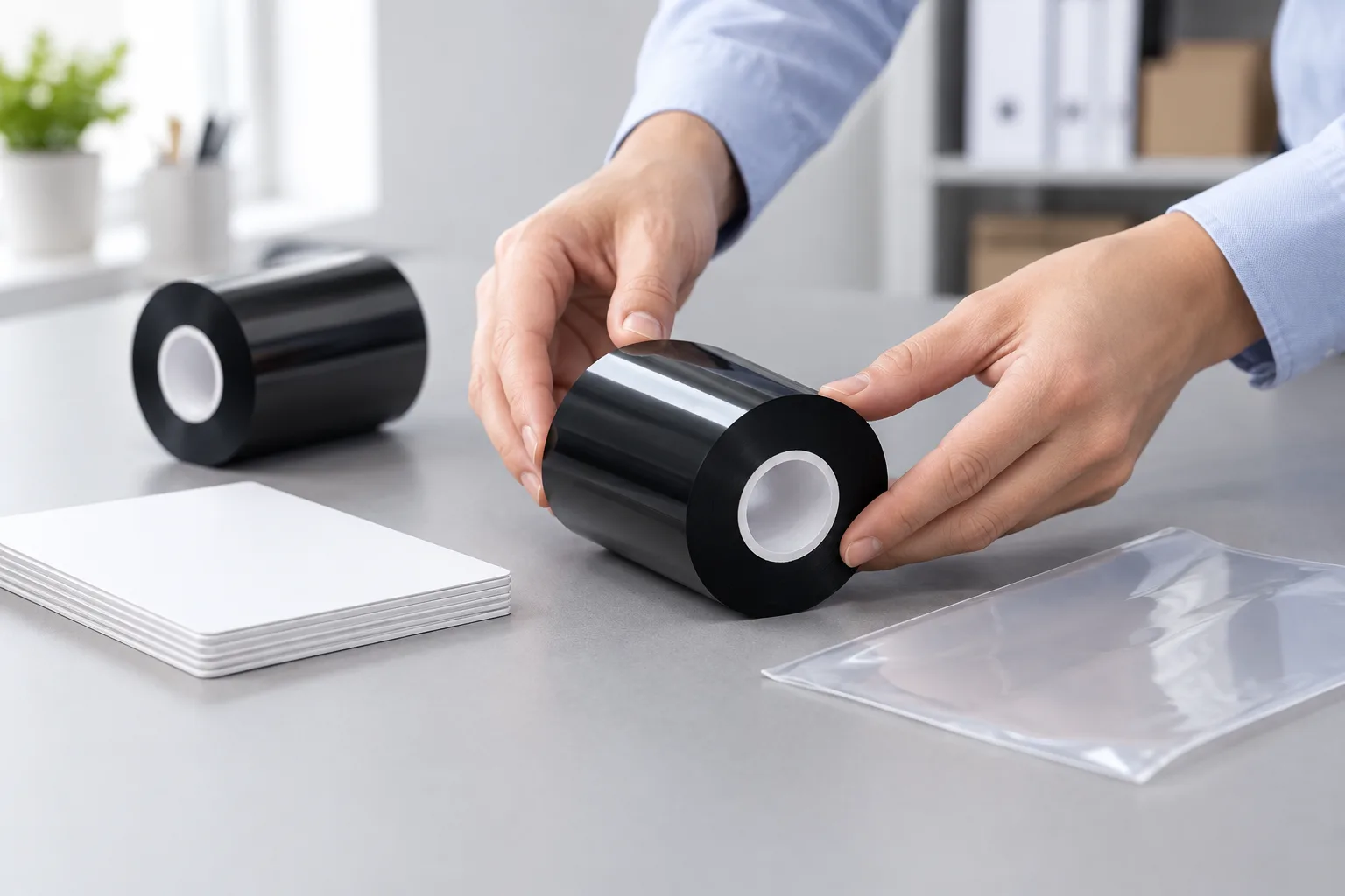 Hands comparing a black thermal transfer ribbon roll with paper label and flexible film samples on an evaluation desk