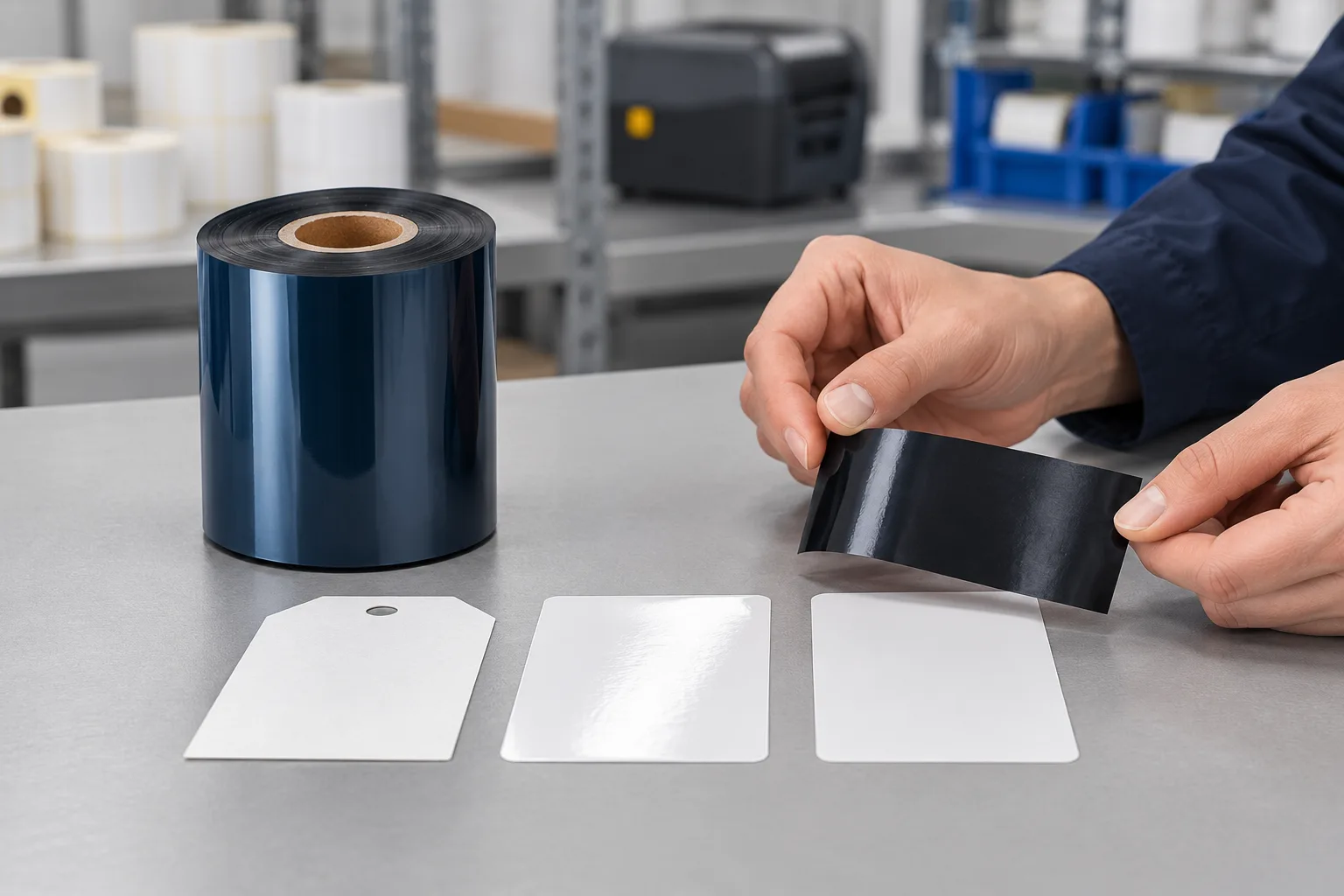 Hands compare a loose black thermal transfer ribbon roll and a ribbon strip with paper, coated and synthetic label samples on a workbench.