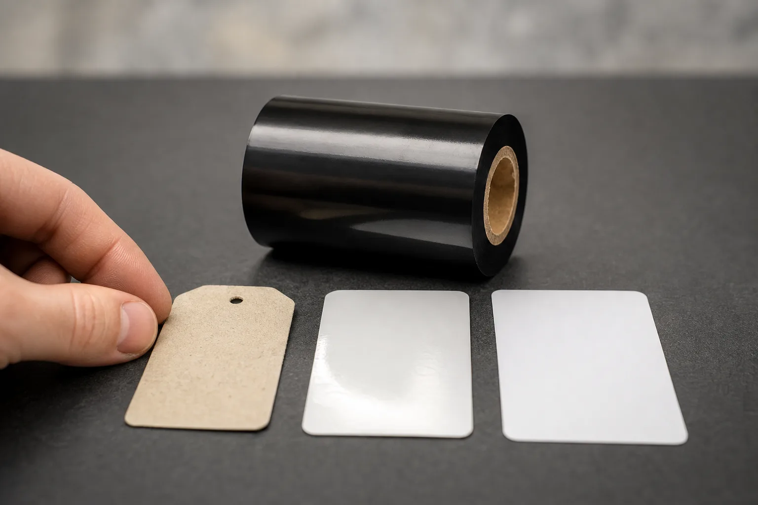 Close-up of a black thermal transfer ribbon roll next to three label samples, an uncoated paper tag, a glossy coated label and a white synthetic sheet, with fingertips touching the paper tag.