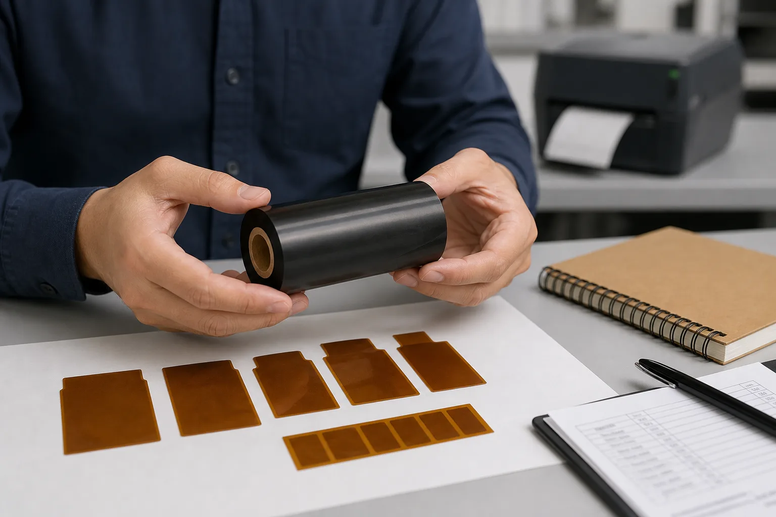 Hands holding a black thermal transfer ribbon roll above amber polyimide label samples on a desk while matching ribbon grade to label stock.