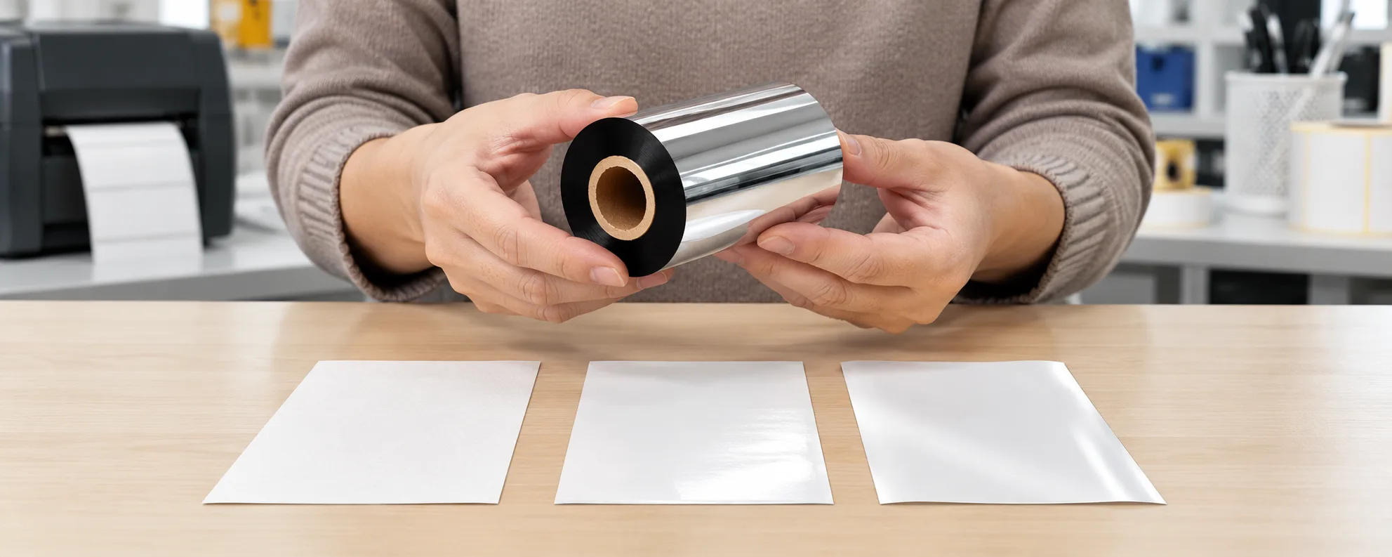 Hands comparing a black thermal transfer ribbon roll with paper, semi-gloss and synthetic label material samples on a workbench
