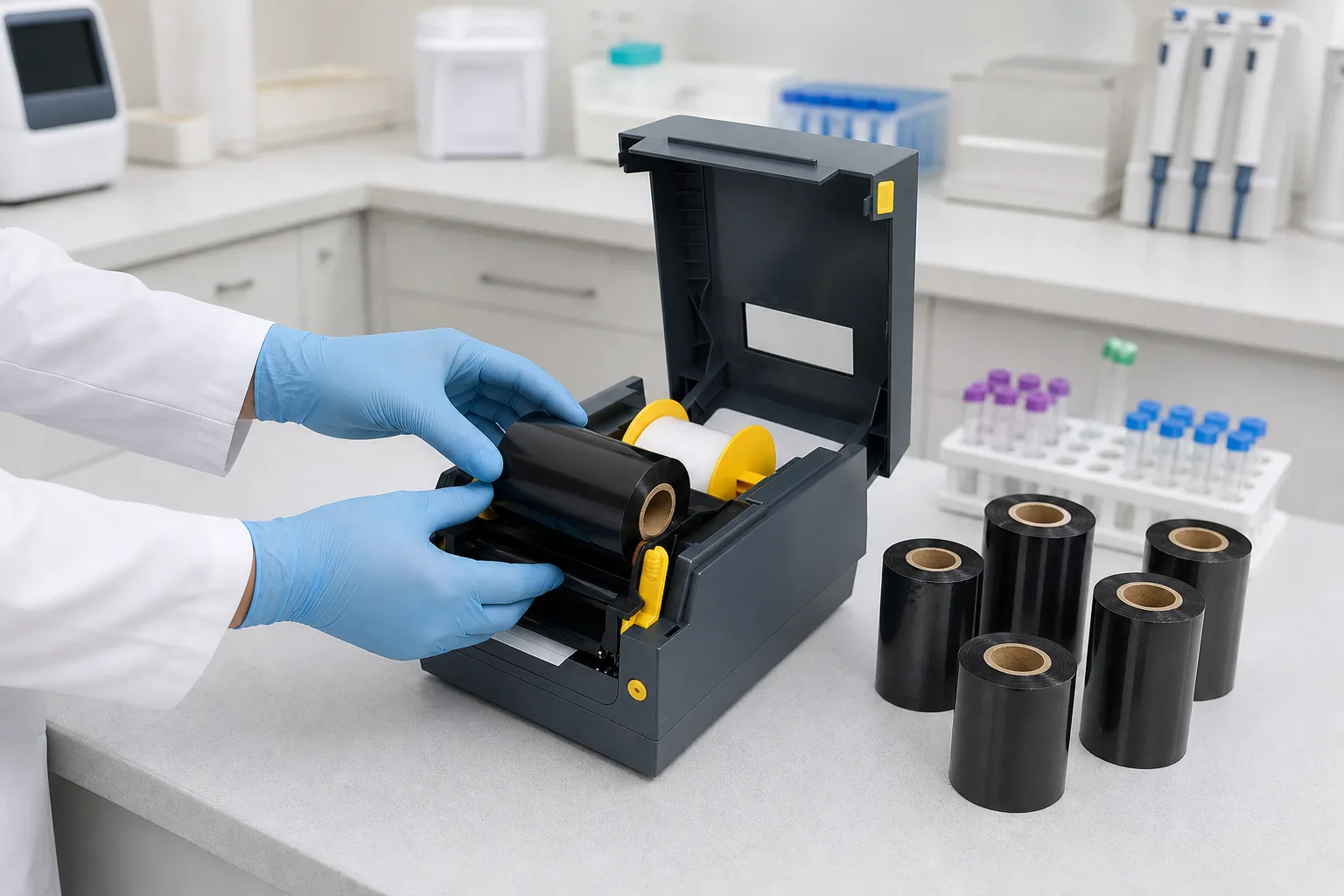 Hands loading a black thermal transfer ribbon roll into an open desktop thermal transfer printer