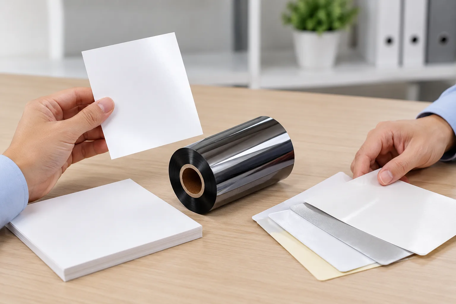 Hands comparing flat label stock samples with a loose black thermal transfer ribbon roll on a workbench.