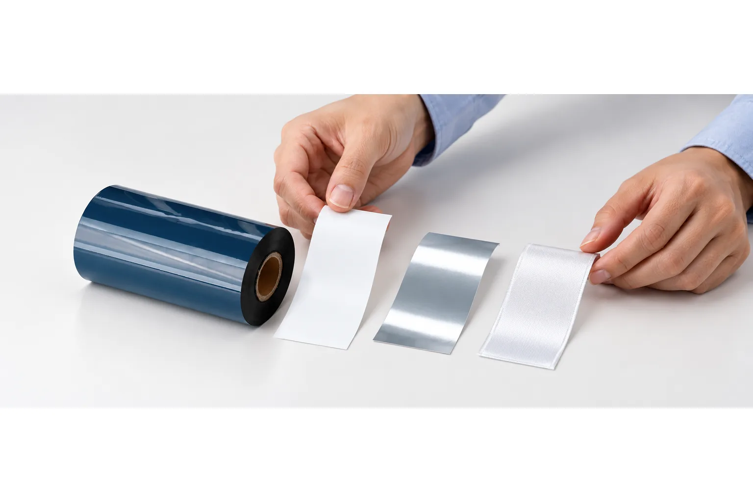 Hands comparing a paper label strip beside a black ribbon roll, with silver film and white satin samples nearby.