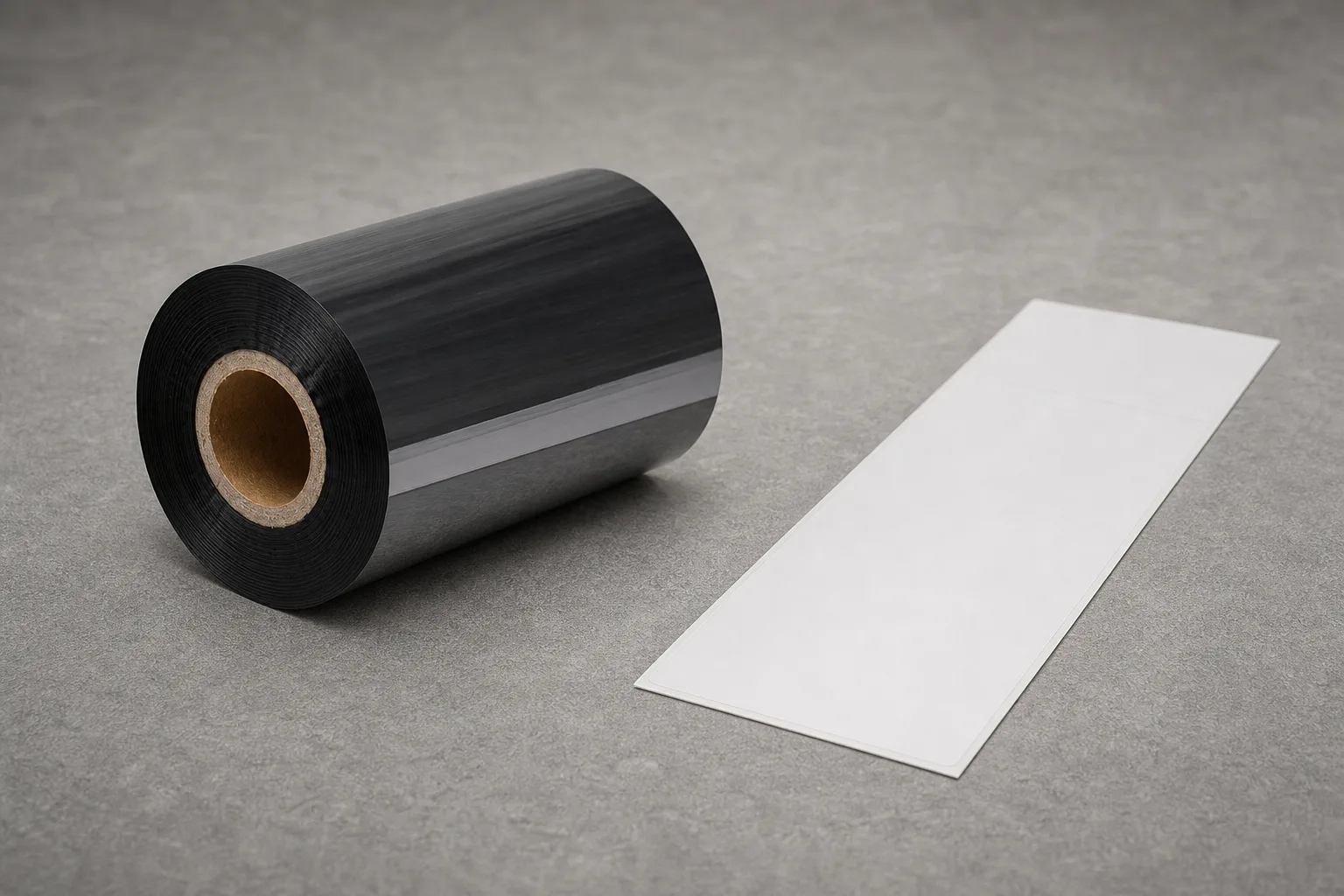 Close-up of a black ribbon roll on its core beside a separate blank white label strip.