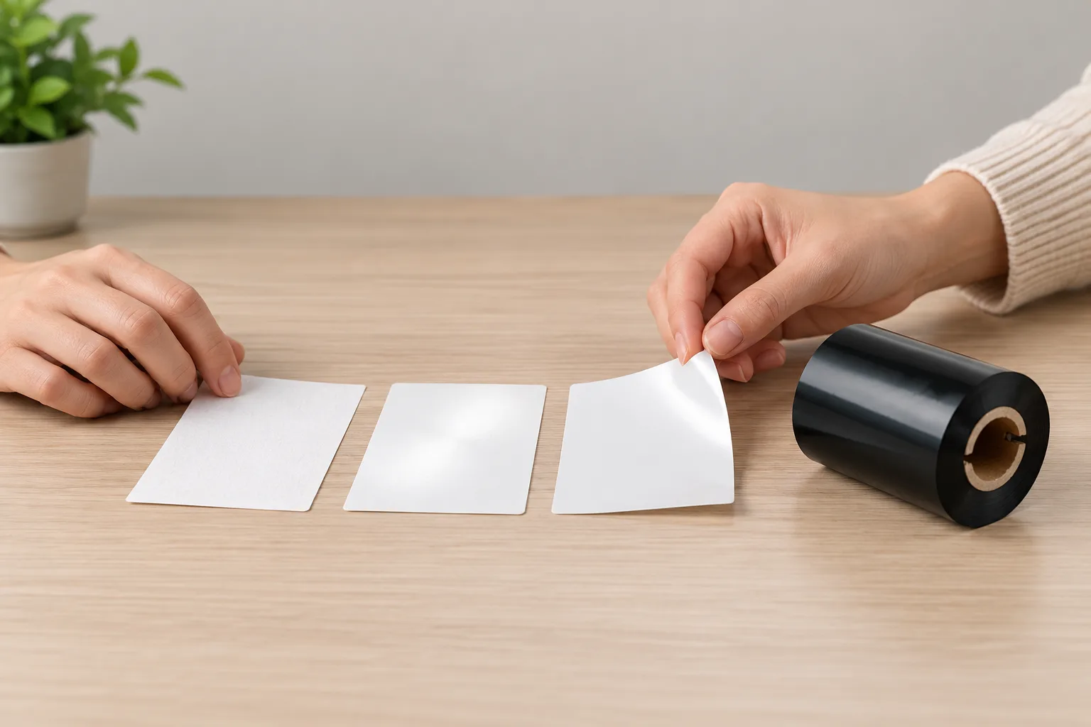 Hands comparing paper and synthetic label samples beside a black ribbon roll.